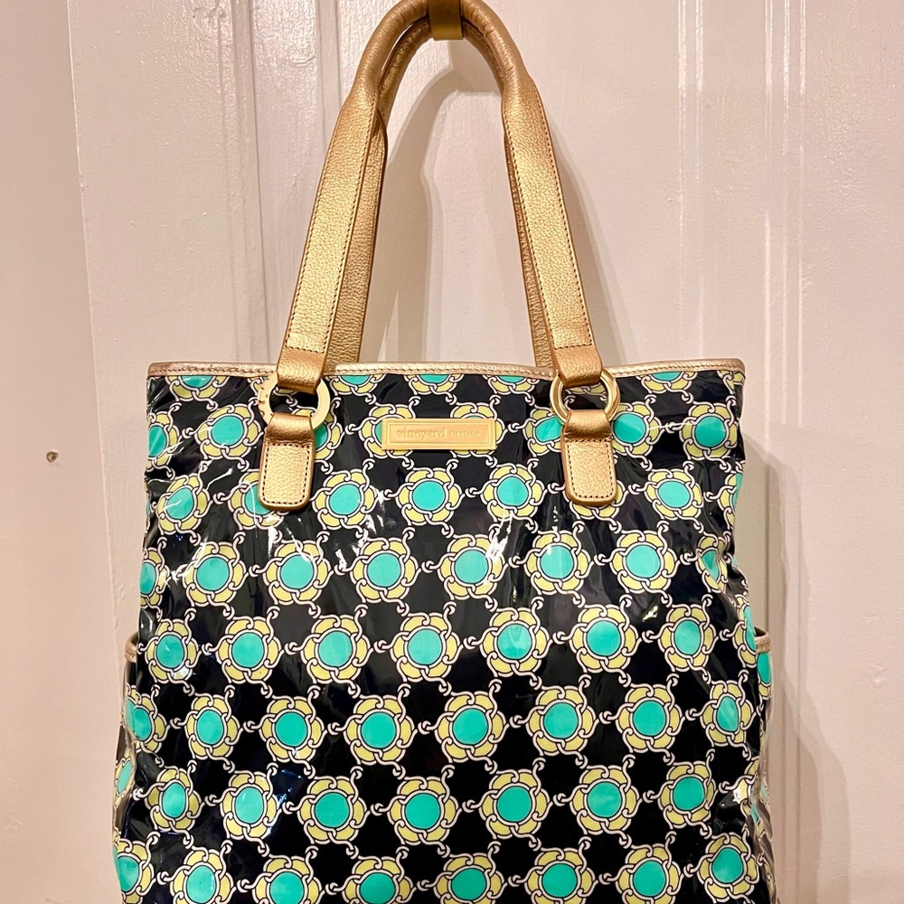 Vineyard Vines Vinyl Zippered Tote-Turquoise/navy with gold straps